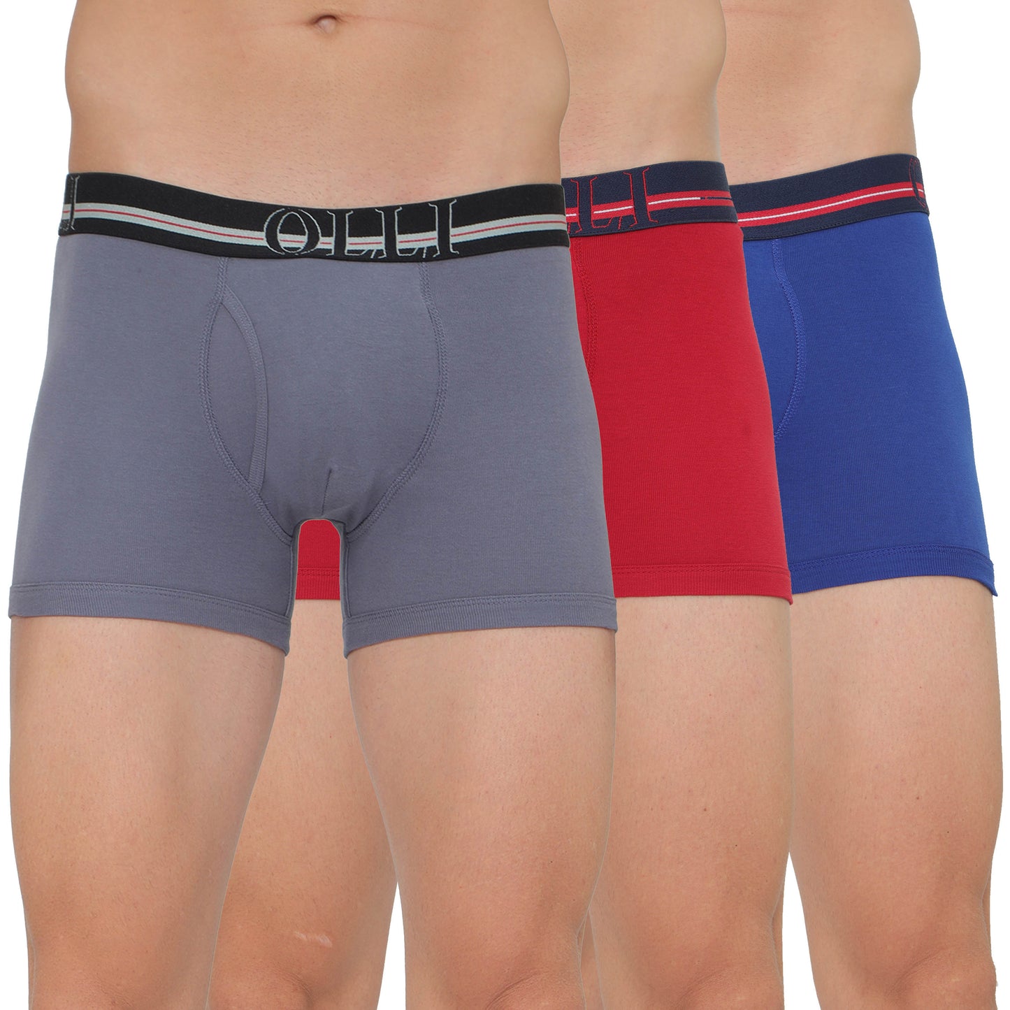 Men's Grey, Red & Swiss Blue Super Combed  Cotton Rib Solid Trunk (Pack of 3)