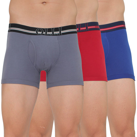 Men's Grey, Red & Swiss Blue Super Combed  Cotton Rib Solid Trunk (Pack of 3)