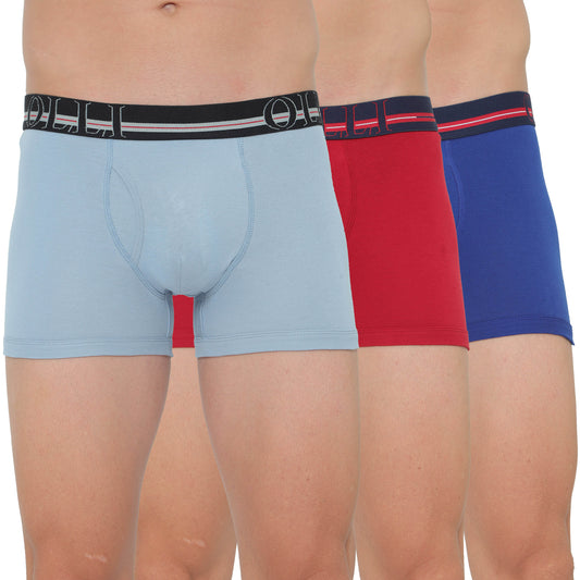 Men's Sky Blue, Red & Swiss Blue Super Combed  Cotton Rib Solid Trunk (Pack of 3)