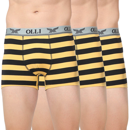 Men's Yellow & Black Super Combed Cotton Rib Solid Trunk (Pack of 3)